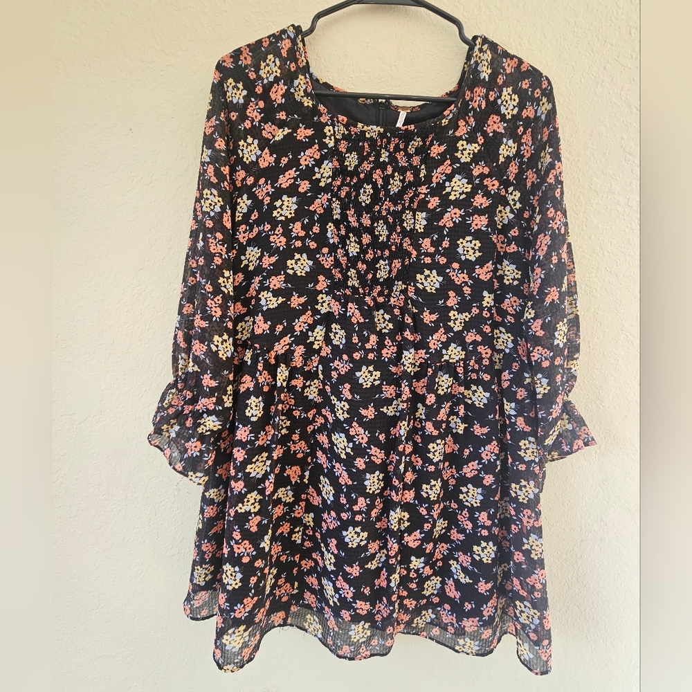 Free‎ People Dress Womens Size 6 Black Orange Floral Swing Smocked Cottagecore